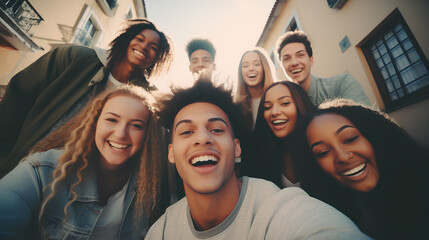 Big group of cheerful young friends taking selfie portrait. Happy people looking at the camera smiling. Concept of community, youth lifestyle and friendship - obrazy, fototapety, plakaty