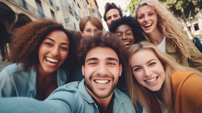 Big group of cheerful young friends taking selfie portrait. Happy people looking at the camera smiling. Concept of community, youth lifestyle and friendship