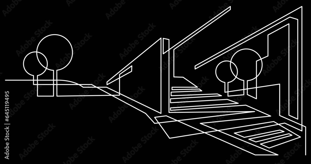 Poster continuous line drawing vector illustration with fully editable stroke of architecture modern buildi