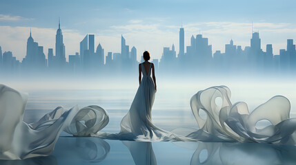 a girl in a long white flowing dress against the background of silhouettes of a foggy metropolis, a woman with her back in a dress goes into the fog of the city and skyscrapers in the distance, foggy 