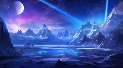 Illustrate an icy and alien planet with towering ice spires, frozen lakes, and an alien sky filled...