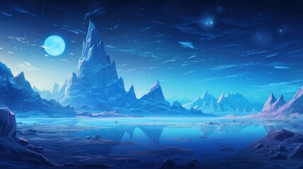 Fototapeta premium Illustrate an icy and alien planet with towering ice spires, frozen lakes, and an alien sky filled with unfamiliar constellations game art