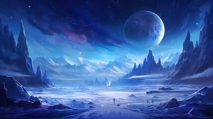 Illustrate an icy and alien planet with towering ice spires, frozen lakes, and an alien sky filled with unfamiliar constellations game art - obrazy, fototapety, plakaty