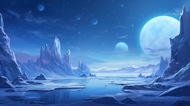 Illustrate an icy and alien planet with towering ice spires, frozen lakes, and an alien sky filled with unfamiliar constellations game art