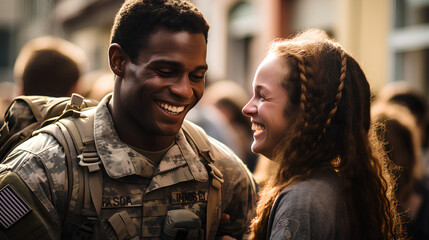 Joyful U.S. Army soldier joyously returning home.