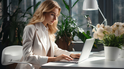 Managing Business Work. Happy young business woman using pc at office. Gorgeous blond secretary woman writing down notes in clipboard while working in office.