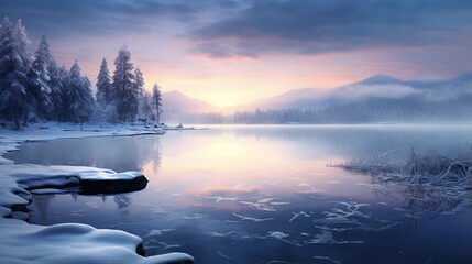 a tranquil winter lake at sunrise, with the first light of day reflecting on the icy surface and creating a peaceful winter scene