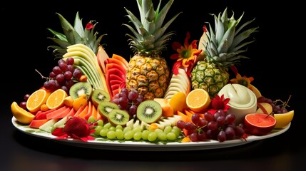 a tropical fruit platter, with slices of pineapple, kiwi, and papaya, artfully arranged on a white porcelain platter