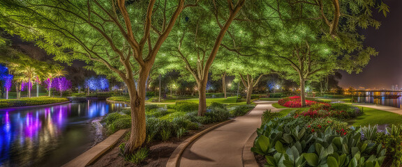 Fototapeta na wymiar Horizontal anamorphic display night garden park environment photorealistic for background