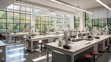 a university's engineering lab, featuring specialized lab tables and ergonomic lab stools