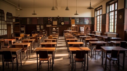 Fototapeta na wymiar a university's history classroom, highlighting the arrangement of student desks and chairs