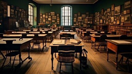 Fototapeta na wymiar a university's history classroom, highlighting the arrangement of student desks and chairs