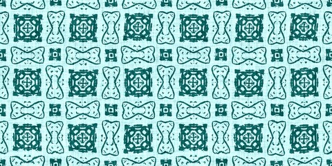 Teal green white vibrant watercolor batik azulejos tile border banner background. Seamless aqua coastal blur linen effect geometric mosaic effect.Boho Patchwork nautical masculine summer ribbon trim. 