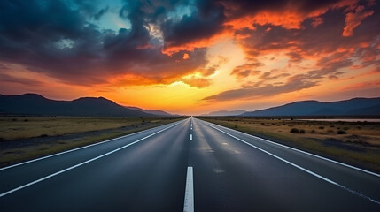 A vast asphalt road with a dark floor, leading towards a horizon showcasing sunset clouds and the evening sky.