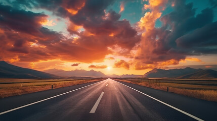 A vast asphalt road with a dark floor, leading towards a horizon showcasing sunset clouds and the evening sky.