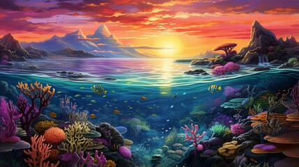 a vibrant coral reef at sunset, with the underwater world coming alive with colors as the ocean transitions into twilight - obrazy, fototapety, plakaty