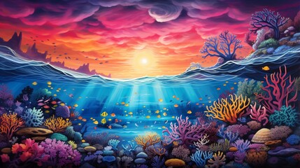 Fototapeta na wymiar a vibrant coral reef at sunset, with the underwater world coming alive with colors as the ocean transitions into twilight