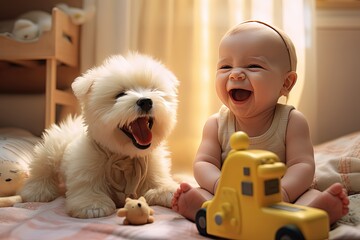 happy kid play with dog at home, best buddy pet, Generative Ai