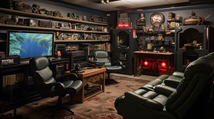 a video game enthusiasts' den, featuring gaming consoles and ergonomic gaming chairs for hours of gaming enjoyment