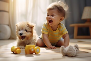 happy kid play with dog at home, best buddy pet, Generative Ai
