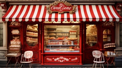 a visually stunning image of a traditional bakery storefront, with a red-and-white-striped awning and the aroma of fresh bread wafting through the air