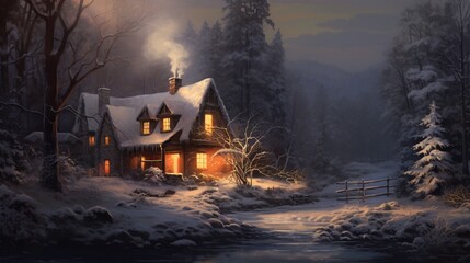 a winter cottage nestled in the woods, with a warm glow emanating from its windows and a smoke curling from its chimney