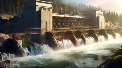 A hydroelectric dam with rushing water turning turbines, showcasing the utilization of water's kinetic energy for power