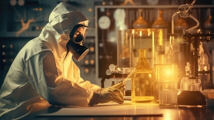 Fototapeta premium A scientist in a lab analyzing radioactive materials, highlighting the scientific aspects of nuclear energy research and safety
