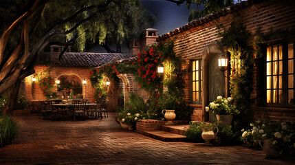 street cafe in traditional italian retro style with wooden tables and stone building, created with Generative AI Technology.