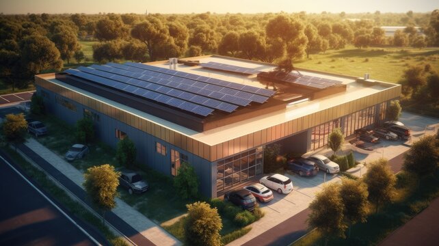 A factory retrofitting its operations with solar panels and energy-efficient machinery, showcasing the transformation to more sustainable practices