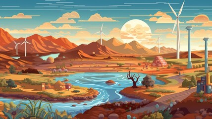 A diverse landscape with icons representing various energy sources – sun, wind, water, fossil fuels – demonstrating the range of options available