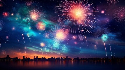 Fototapeta na wymiar Bright fireworks on night sky 
