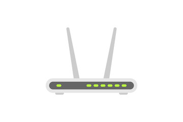 Wifi router with two antennas. Wireless internet modem icon. Wi fi network device for digital communication, online networking, ethernet connection concept. Vector illustration isolated on white