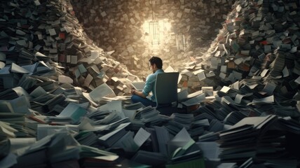 A person submerged in a sea of papers and screens, depicting the overwhelming sensation of dealing with excessive information