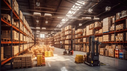 A warehouse with goods being organized and shipped, representing the efficient flow of products within the logistics system