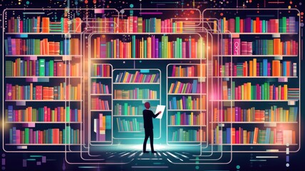 A person opening a virtual bookshelf with a multitude of digital books, representing easy access to a wealth of information online - obrazy, fototapety, plakaty