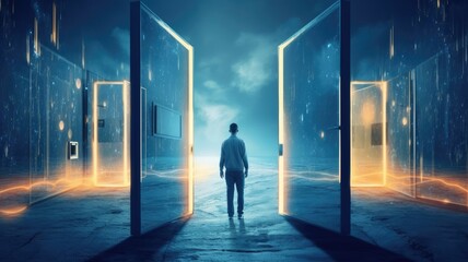 A person stepping through a digital doorway into a world of innovation and change, illustrating the transition brought about by digital technologies