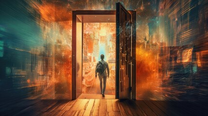 A person stepping through a digital doorway into a world of innovation and change, illustrating the transition brought about by digital technologies - obrazy, fototapety, plakaty
