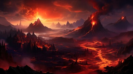 Volcanic crater with steaming geysers, molten lava, and ominous volcanic peaks in the distance game art - obrazy, fototapety, plakaty