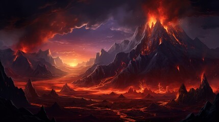 Volcanic crater with steaming geysers, molten lava, and ominous volcanic peaks in the distance game art - obrazy, fototapety, plakaty