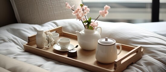 Wooden tray holds a tea set cup in a bedroom design.