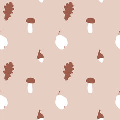 Autumn seamless pattern. Hand-drawn repeating background for fall season. Oak leaves, acorns, mushroom elements. Vector background for textile, wrapping paper, wallpaper, fabric - 645124030