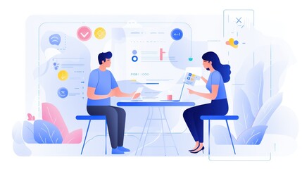 Illustration of people at work talking about new and current projects