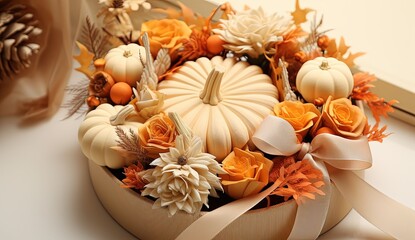 orange  and white artificial pumpkin wreath home decoration object, Generative Ai