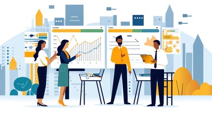 Illustration of people at work talking about new and current projects