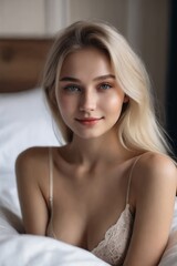 Naklejka premium Beautiful Woman in White Dress Smiling on Bed 