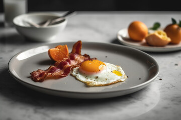 Breakfast with fried egg and bacon food plated on marble table
