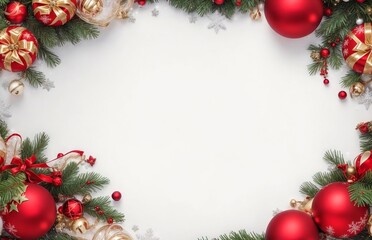 Fototapeta na wymiar Christmas background with fir tree and christmas decoration elements. Top view with copy space