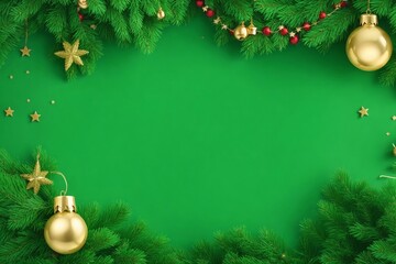 Christmas background with fir tree and christmas decoration elements. Top view with copy space