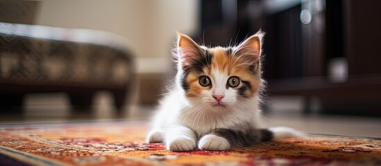 Adorable calico kitten rests on rug in living area. - obrazy, fototapety, plakaty